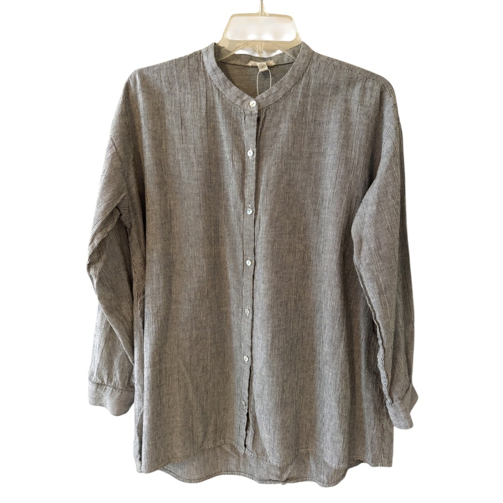 Eileen Fisher Organic Cotton Linen Striped Mandarin Collar Shirt Black White S